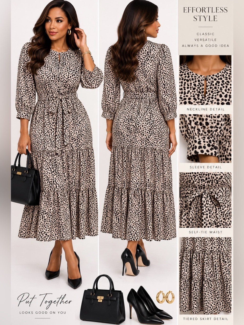 Primark Beige and Black Leopard Print Tiered Long Sleeve Midi Dress - Picture 2 of 11